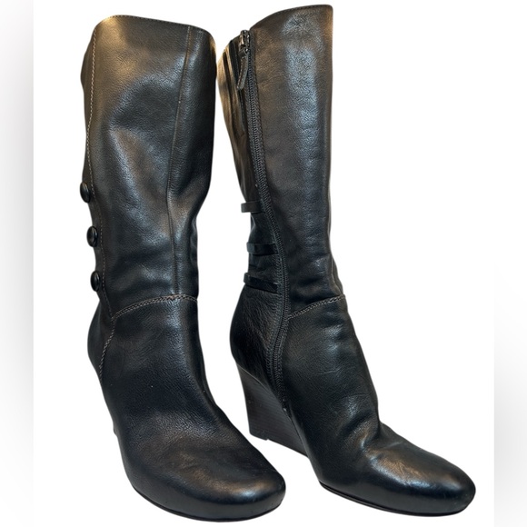 Ecco womans boots black leather wedge heeled capsule tall 41 & 40 buttons biker